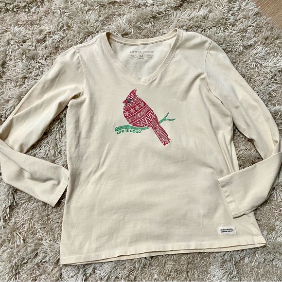 Life is Good Long Sleeved Vneck cardinal bird Shirt M - Picture 1 of 5